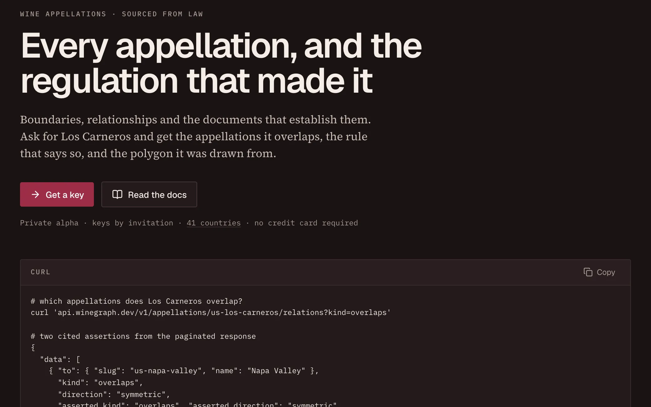WineGraph home page: an API request for the appellations Los Carneros overlaps, with a cited JSON response