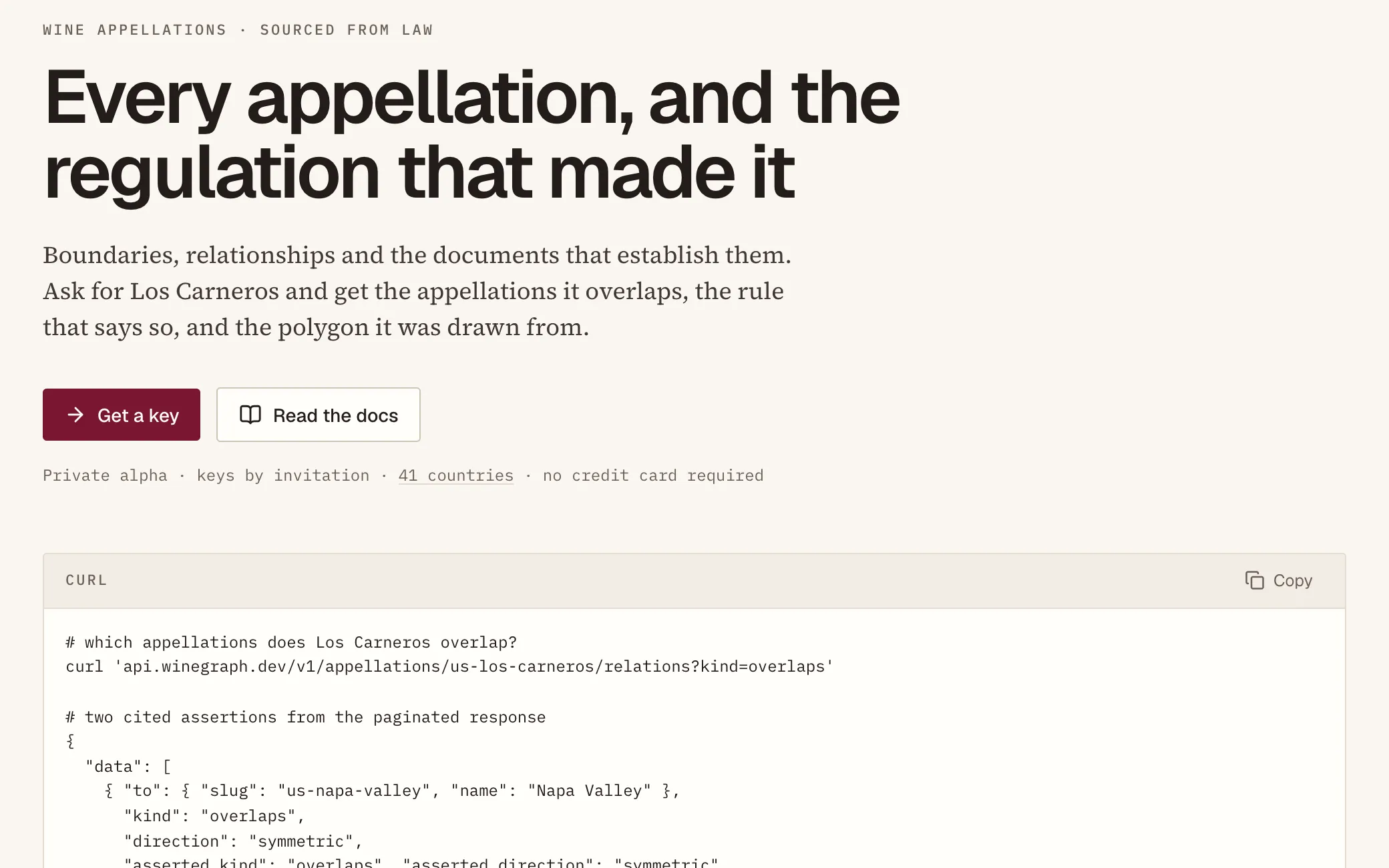 WineGraph home page: an API request for the appellations Los Carneros overlaps, with a cited JSON response