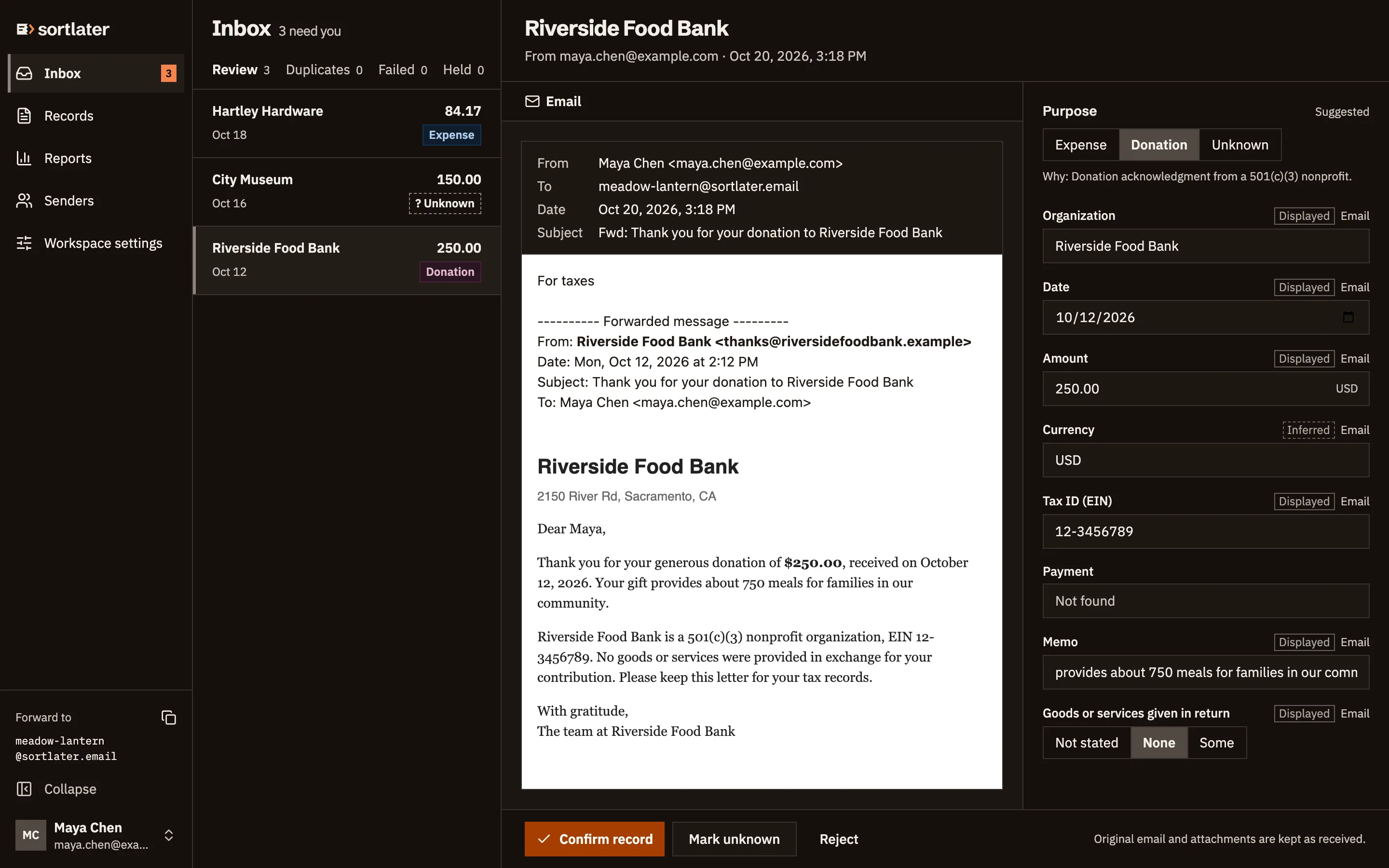 sortlater inbox reviewing a forwarded donation receipt, with the organization, date, amount and tax ID extracted for confirmation