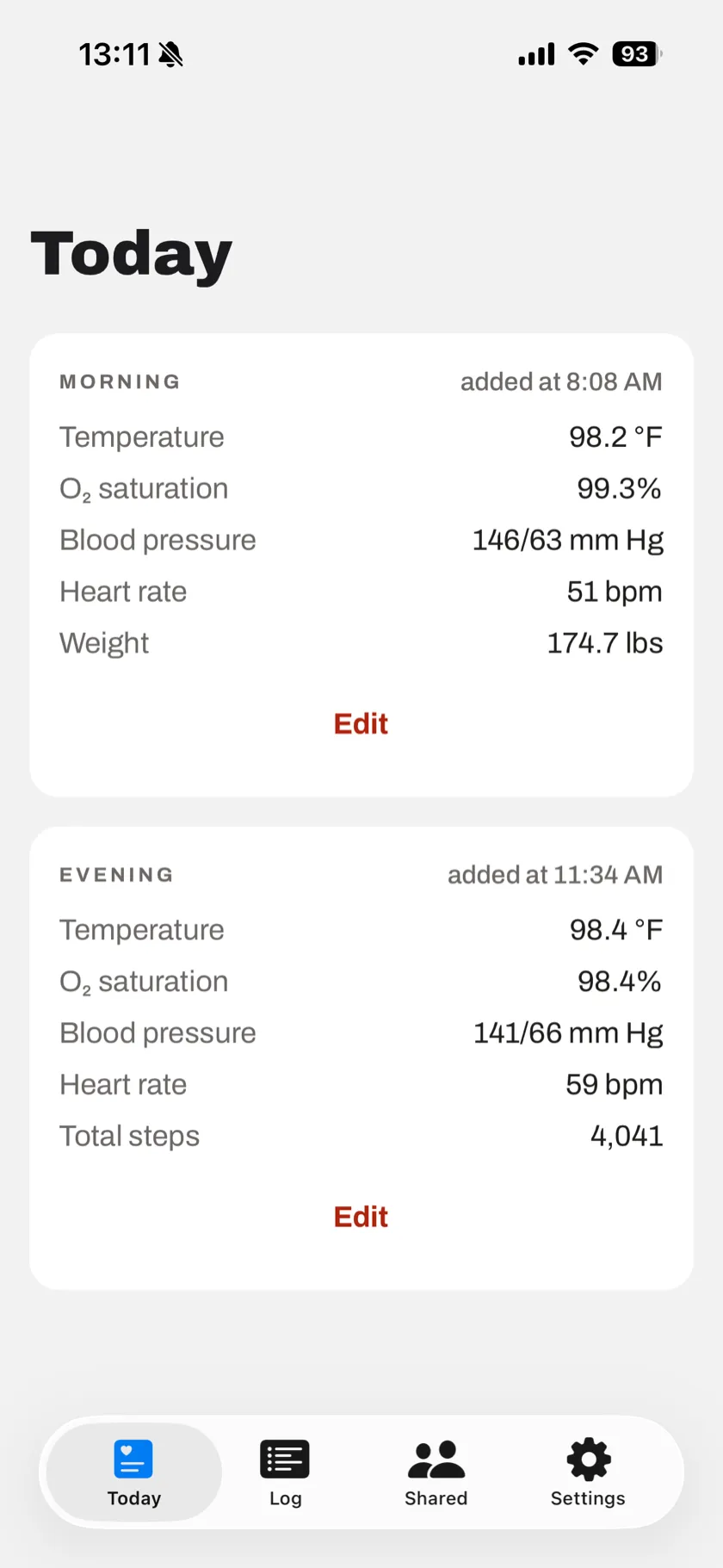 ShareVitals Today screen with the morning and evening vitals entries